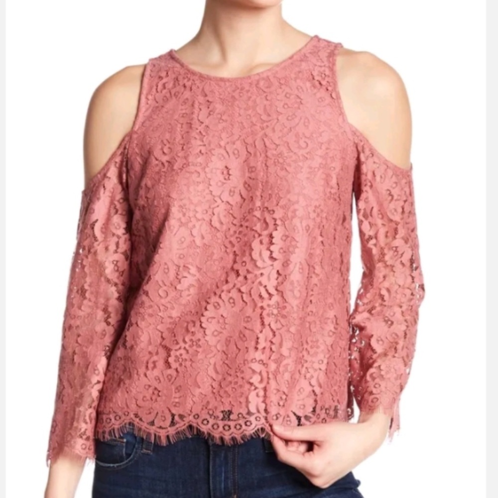 NEW JOIE ABAY COLD SHOULDER EYELASH FRINGE LACE Pink Bell Sleeve blouse Top XS